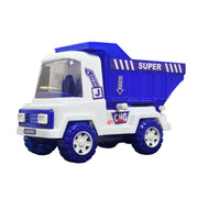 The dumper truck's container tilted up, ready to unload, demonstrating its openable feature.