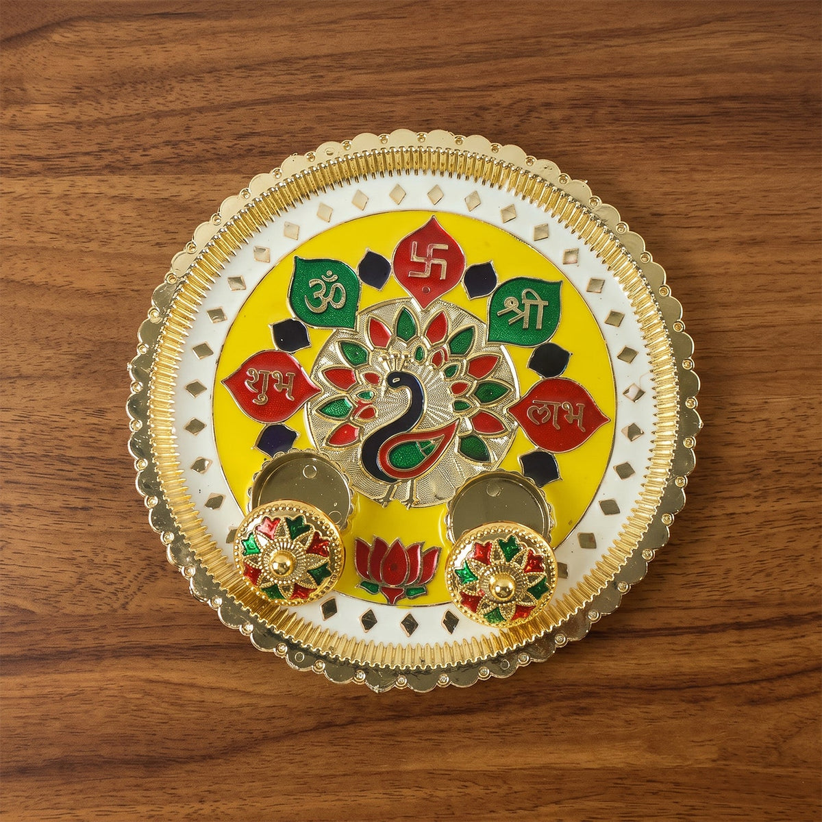 Ornate golden pooja thali for Diwali, weddings and ceremonies