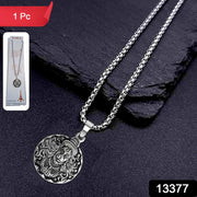 Round silver Hanuman pendant necklace on a plain background.